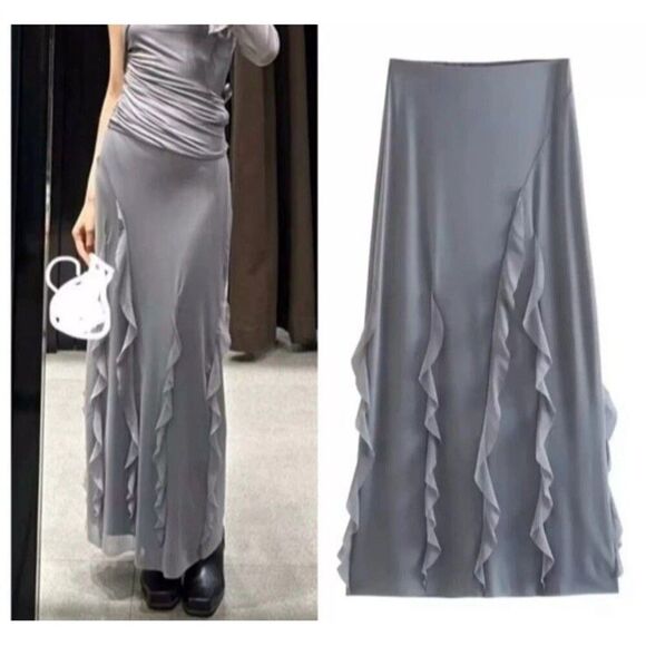 Zara Gray Tulle Ruffle Mesh Maxi Pencil Skirt Women’s Small Y2K Style Chic - Picture 1 of 9